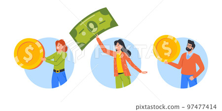 People with Money Isolated Round Icons or Avatars. Tiny Male and Female Characters Holding Huge Coins or Banknotes People with Money Isolated Round Icons or Avatars. Tiny Male and Female Characters Holding Huge Coins or Banknotes 97477414