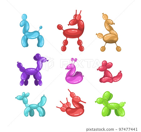 Set of Balloon Animals Giraffe, Mouse and Horse with Dog. Birthday Party Child Decoration, Funny Rubber Elements Set of Balloon Animals Giraffe, Mouse and Horse with Dog. Birthday Party Child Decoration, Funny Rubber Elements 97477441