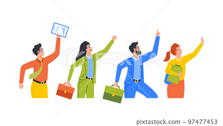 Business Characters Run, People Late in Office, Anxious Business Men or Women Hurry at Work due to Oversleep or Traffic 97477453