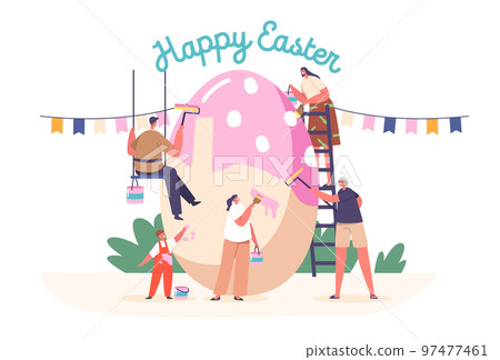 Happy Family Prepare for Easter Celebration. Tiny Parents, Granny and Children Girl and Boy Painting Huge Egg 97477461
