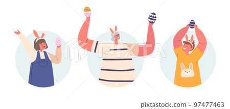 Senior Woman and Children with Painted Eggs Isolated Round Icons or Avatars. Happy Family Easter Holiday Celebration 97477463