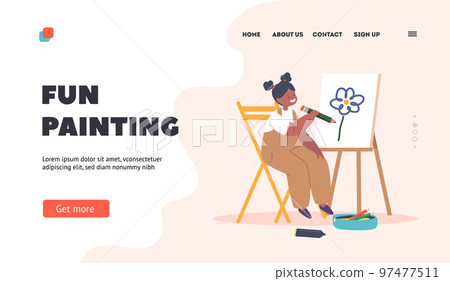 Fun Painting Landing Page Template. Little Child Draw On Easel. Black Girl Character Drawing In Artist Studio Or School 97477511