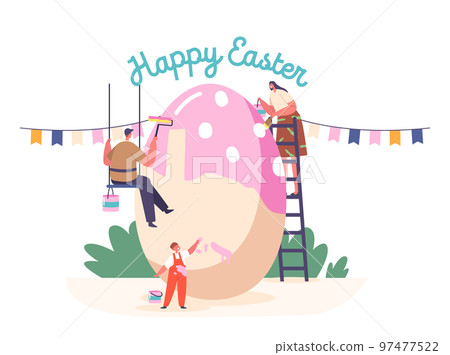 Tiny Mother, Father and Boy Painting Huge Egg for Spring Holiday. Happy Family Mom, Dad and Kid Prepare for Easter Tiny Mother, Father and Boy Painting Huge Egg for Spring Holiday. Happy Family Mom, Dad and Kid Prepare for Easter 97477522