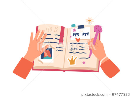 Female Hands Writing Notes, Share with Diary Stories and Life Doings. Girl Character Palms Drawing and Write in Notepad 97477523