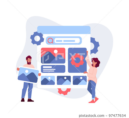 Ui Or Ux Designers Team Sharing Ideas And Collaborating In Design Of User Interface On Mobile Device Vector Illustration 97477634