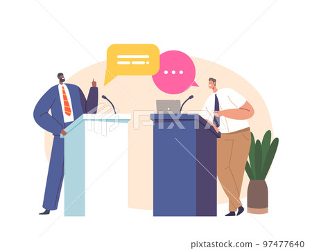Concept Of Political Debate, Election With Two Candidates Behind Their Desks Fighting For Leadership Vector Illustration 97477640