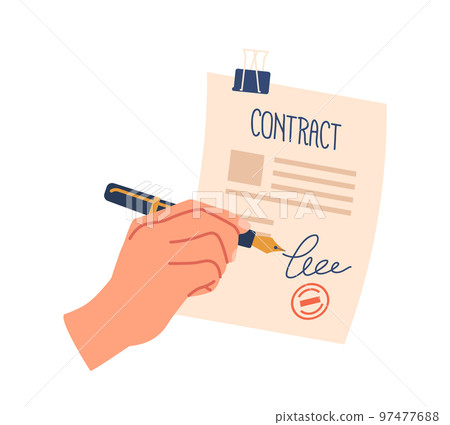 Hand Signing Contract with Pen, Human Character Palm Put Signature on Paper Document with Seal Stamp Isolated on White Hand Signing Contract with Pen, Human Character Palm Put Signature on Paper Document with Seal Stamp Isolated on White 97477688