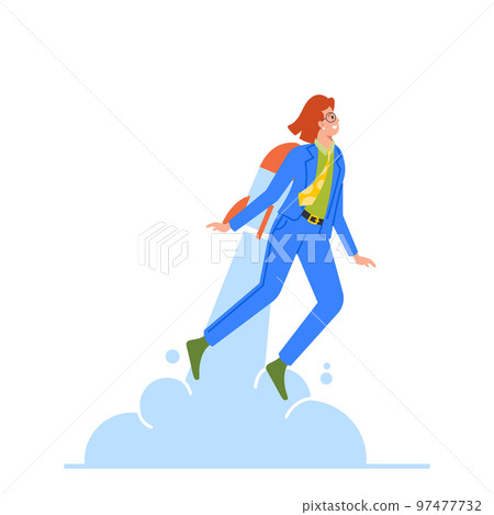 Work Success, Startup Boost. Happy Business Woman Manager Fly on Jetpack to Goal Achievement Cartoon Vector Illustration 97477732