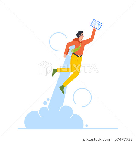 Business Startup, Career Boost and Growth Concept. Cheerful Businessman Take Off with Jet Pack. Office Worker Flying Up Business Startup, Career Boost and Growth Concept. Cheerful Businessman Take Off with Jet Pack. Office Worker Flying Up 97477735