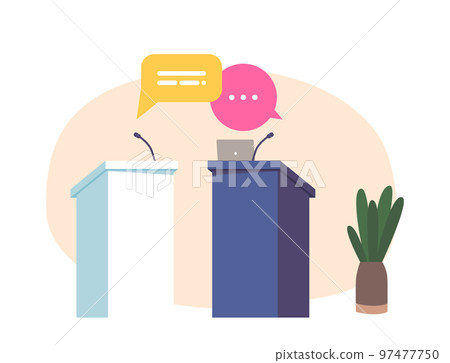 Empty Tribunes With Microphones, Laptop And Speech Bubbles Isolated On White Background. Political Debates Empty Tribunes With Microphones, Laptop And Speech Bubbles Isolated On White Background. Political Debates 97477750