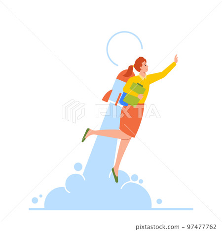 Working Success, Start Up, Goal Achievement, Career Boost Concept. Happy Business Woman Manager Character Take Off 97477762