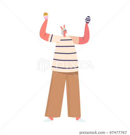 Senior Woman Wear Rabbit Ears with Painted Eggs Ready for Easter Holiday Celebration Isolated on White Background 97477767