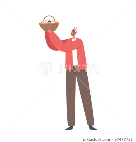 Adult Man Holding Wicker Basket with Decorated Eggs for Easter Holiday Celebration and Eggs Hunt Isolated on White Adult Man Holding Wicker Basket with Decorated Eggs for Easter Holiday Celebration and Eggs Hunt Isolated on White 97477781