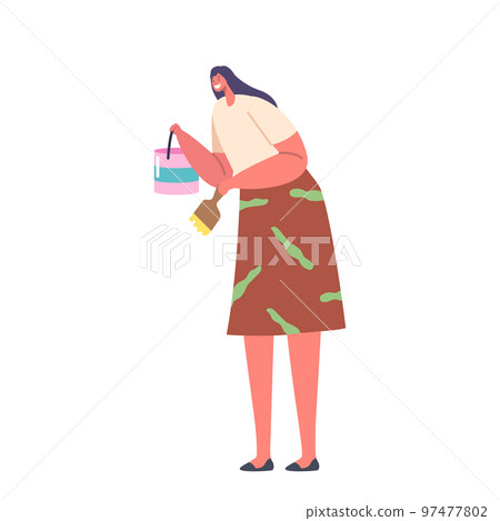 Female with Roll and Bucket Painting Wall or Decorate Home Isolated on White Background. Woman Doing Renovation Works Female with Roll and Bucket Painting Wall or Decorate Home Isolated on White Background. Woman Doing Renovation Works 97477802