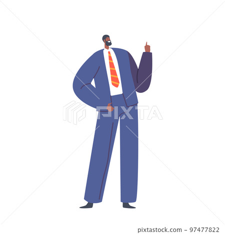 Single Male Character Wear Blue Formal Wear Show Pointing Gesture Isolated on White Background. Positive Business Man 97477822
