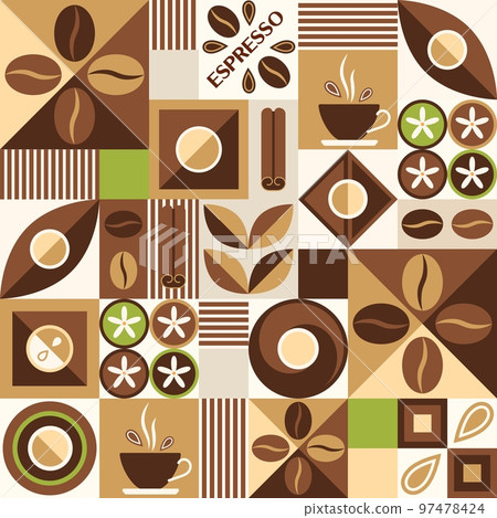 Coffee theme background with design elements in simple geometric style. 97478424