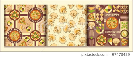 Set of pizza backgrounds with design elements in simple geometric style. Seamless patterns. Good for branding, decoration of food package, cover design, decorative print, background. Set of pizza backgrounds with design elements in simple geometric style. Seamless patterns. Good for branding, decoration of food package, cover design, decorative print, background. 97478429
