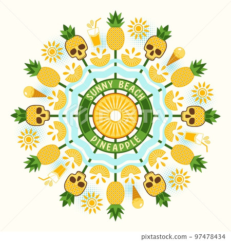 Round ornament with pineapple fruit, ice cream, juice, sun in simple geometric style. Stylization of Sunny beach. Good for decoration of food packaging, cover design, decorative print, background 97478434