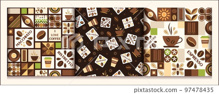 Set of coffee theme patterns with design elements in simple geometric style. Background with abstract shapes. Good for branding, decoration of food package, cover design, decorative print, background 97478435