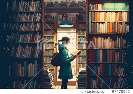 Girl reading book in library concept under lamp 97478965