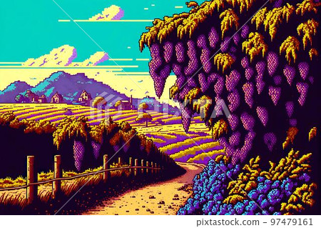 Lush food fruit grape clusters on agricultural vine farm field, 8 bit style, clear style 97479161