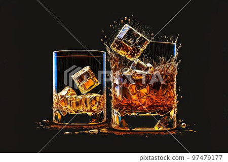 Splashing whiskey from glass with ice cubes inside, 8 bit style, clear style 97479177