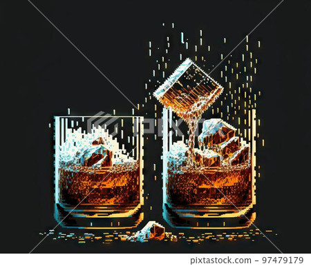 Splashing whiskey from glass with ice cubes inside, 8 bit style, clear style Splashing whiskey from glass with ice cubes inside, 8 bit style, clear style 97479179