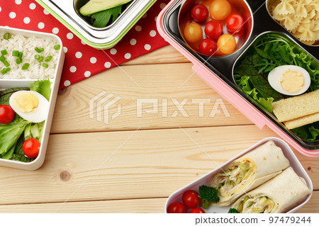 Containers with healthy food on wooden background top view. Containers with healthy food on wooden background top view. 97479244