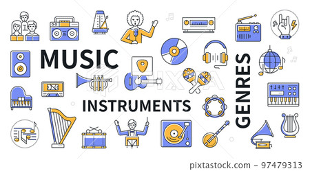Musical instruments and genres - line design icon set Musical instruments and genres - line design icon set 97479313