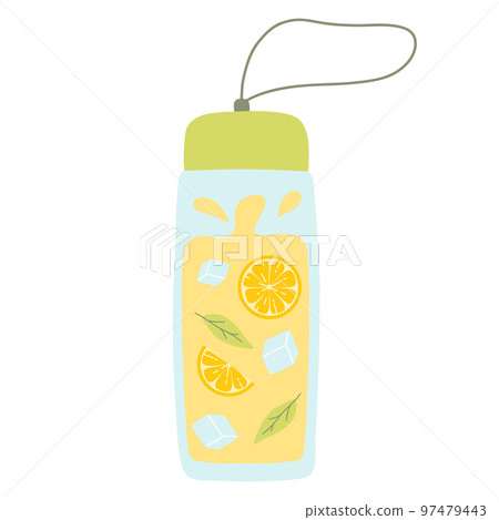 Bottle with lemonade. Cool lemonade with pieces of lemon, mint and ice. Vector illustration isolated on white background. Flat style. Bottle with lemonade. Cool lemonade with pieces of lemon, mint and ice. Vector illustration isolated on white background. Flat style. 97479443