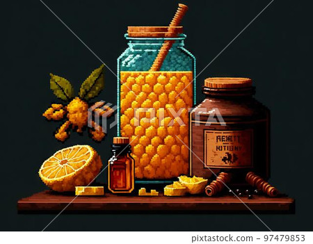 Still life of honey, ginger and lemon, 8 bit style, clear style Still life of honey, ginger and lemon, 8 bit style, clear style 97479853