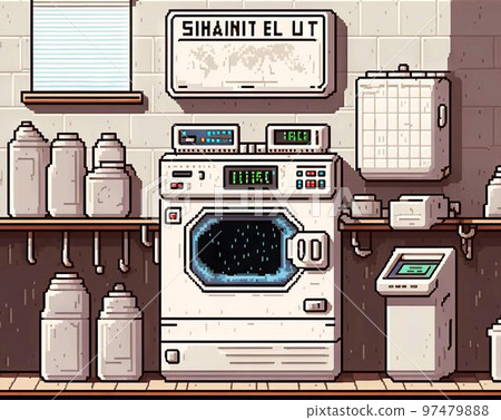 Laundry service with industrial washing machines, 8 bit style, public laundromat, clear style Laundry service with industrial washing machines, 8 bit style, public laundromat, clear style 97479888