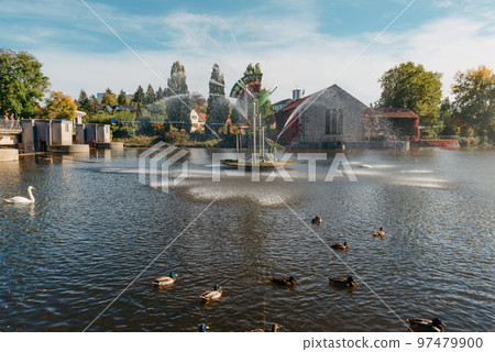 City fountain in Old European City Bietigheim-Bissingen In Germany. the City Park of Bietigheim-Bissingen, Baden-Wuerttemberg, Germany, Europe. Autumn Park and nature 97479900