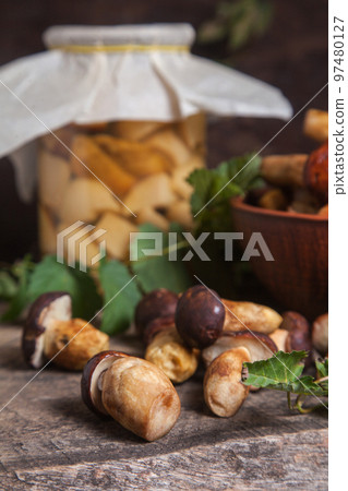 Pile of Imleria Badia or Boletus badius mushrooms commonly known as the bay bolete with canned mushroom in glass jar on vintage wooden background.. Pile of Imleria Badia or Boletus badius mushrooms commonly known as the bay bolete with canned mushroom in glass jar on vintage wooden background.. 97480127