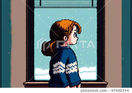 Pensive serious girl looking through window at home, 8 bit style, clear style Pensive serious girl looking through window at home, 8 bit style, clear style 97480354