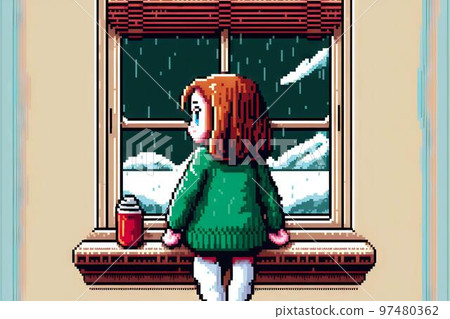 Pensive serious girl looking through window at home, 8 bit style, clear style Pensive serious girl looking through window at home, 8 bit style, clear style 97480362