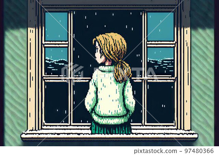 Pensive serious girl looking through window at home, 8 bit style, clear style Pensive serious girl looking through window at home, 8 bit style, clear style 97480366