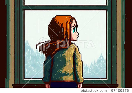 Cute young girl in a sweater looks out the window, 8 bit style, clear style 97480376
