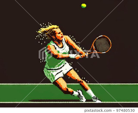 A tennis player hits a ball that flies straight into the frame, the effect of movement, 8 bit style, clear style 97480530