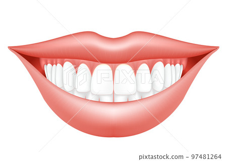 Smile makeover, woman lips and dentition, semiopen mouth with hollywood smile, dental clinic, vector 97481264