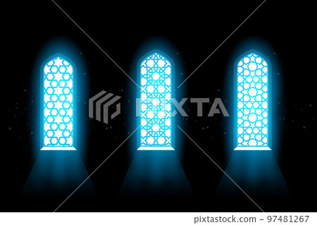 Window of mosque with arabic grating pattern, stained-glass window with laced ornament in oriental style, interior , vector Window of mosque with arabic grating pattern, stained-glass window with laced ornament in oriental style, interior , vector 97481267