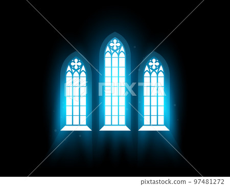 Church interior with stained-glass window, morning radiance in dark, catholic chapel window, vector Church interior with stained-glass window, morning radiance in dark, catholic chapel window, vector 97481272
