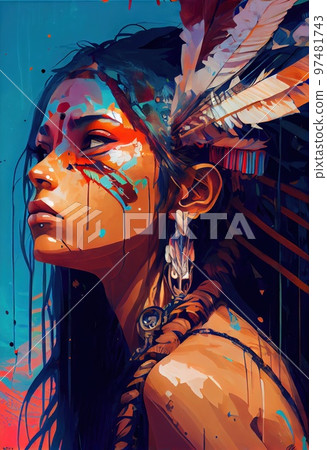 Portrait of a fictional woman from an Indian tribe. Generative AI Art Portrait of a fictional woman from an Indian tribe. Generative AI Art 97481743