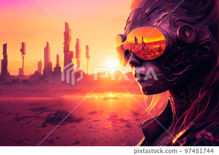 An astronaut on an alien planet. A high-tech astronaut from the future. The concept of space travel. Generative AI Art 97481744