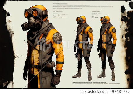 A drawing with a surviving stalker in an old gas mask against an apocalyptic background. Survivor of nuclear war. The concept of the post-apocalypse. Generative AI Art 97481782