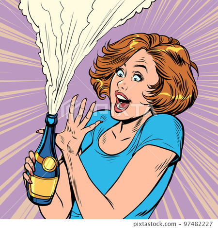 Woman opens a bottle of champagne, celebration Woman opens a bottle of champagne, celebration 97482227