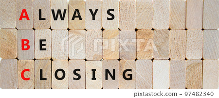 ABC always be closing symbol. Concept words ABC always be closing on wooden blocks on a beautiful wooden background. Business and ABC always be closing concept. Copy space. ABC always be closing symbol. Concept words ABC always be closing on wooden blocks on a beautiful wooden background. Business and ABC always be closing concept. Copy space. 97482340