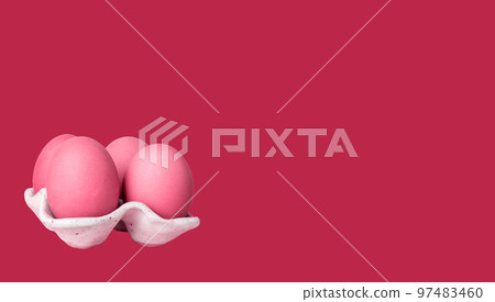 Pink dyed painted Easter eggs in box on Viva Magenta banner, ad background in minimal style 97483460