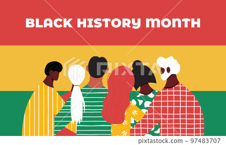 Black History Month banner with african american people grup. Flat vector modern illustration. Different people, men and womens support each other 97483707