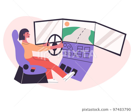 Young woman learn to drive with gaming wheel. Driving school, simulation driving lesson. Girl playing car racing video game, autosimulator. Vector flat moden isolated illustration in trendy colors Young woman learn to drive with gaming wheel. Driving school, simulation driving lesson. Girl playing car racing video game, autosimulator. Vector flat moden isolated illustration in trendy colors 97483790